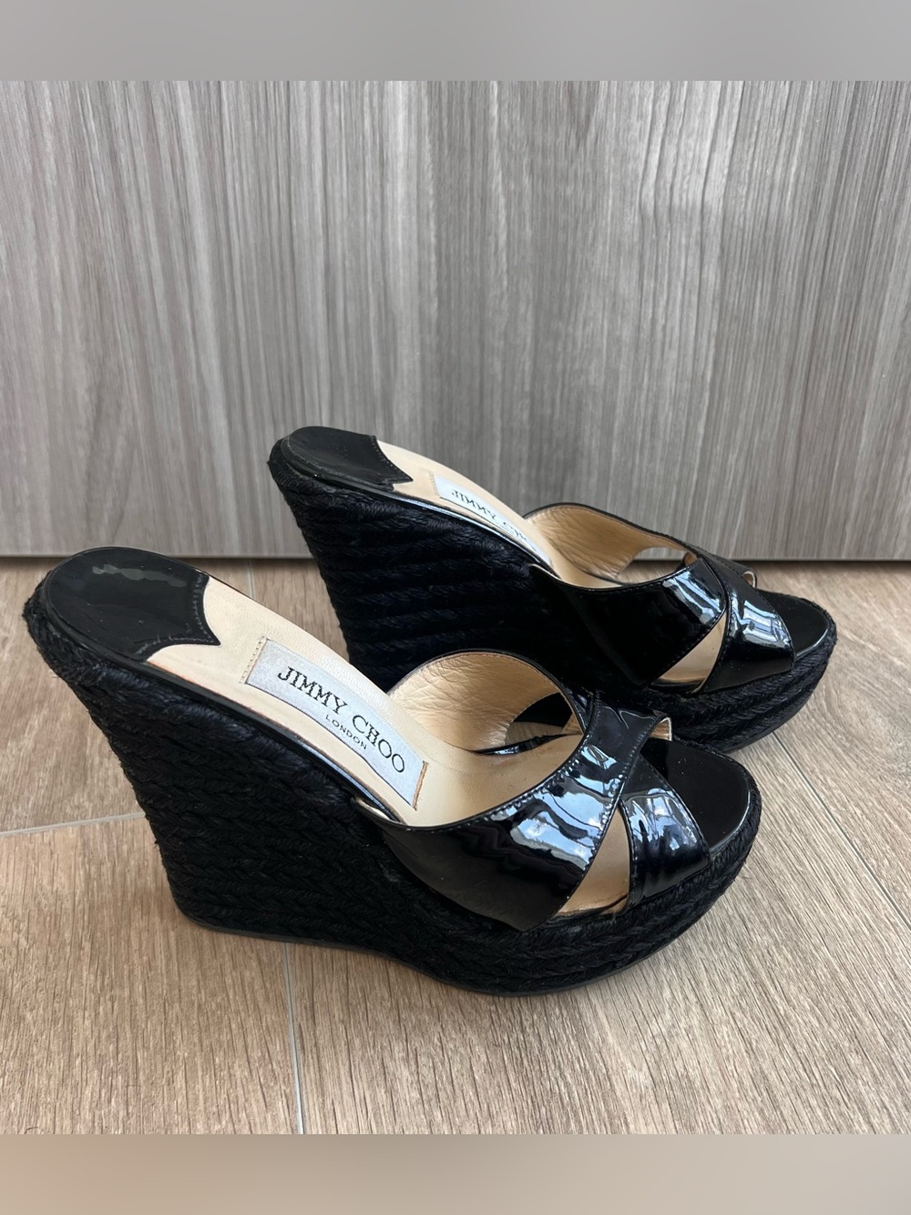 Jimmy Choo Black Patent Leather Espadrille Wedge Sandals